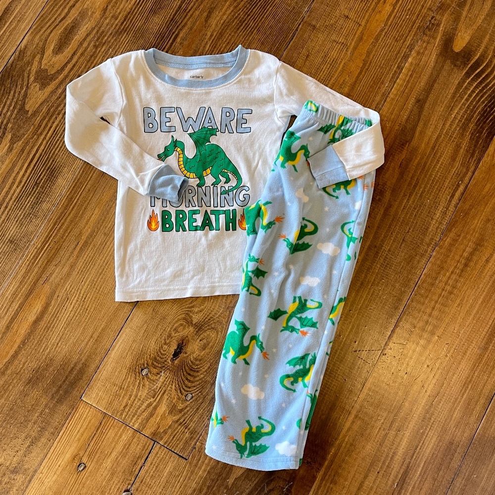 Carter’s Beware Morning Breath Dragon Fleece Pants Snug Top Pajama Set Size 3T